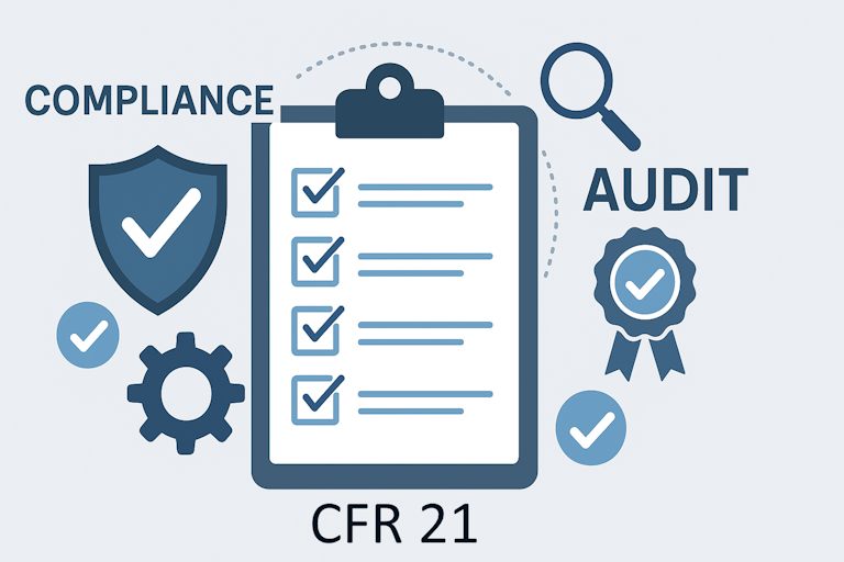 Compliance and audit illustration: checklist, seal and magnifying glass